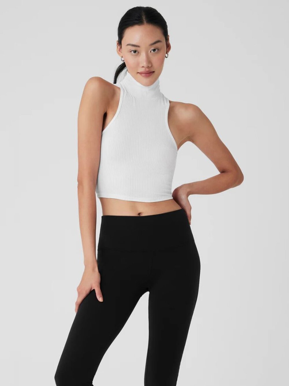 alo White Ribbed Sea Coast Cropped Turtleneck Tank size Small